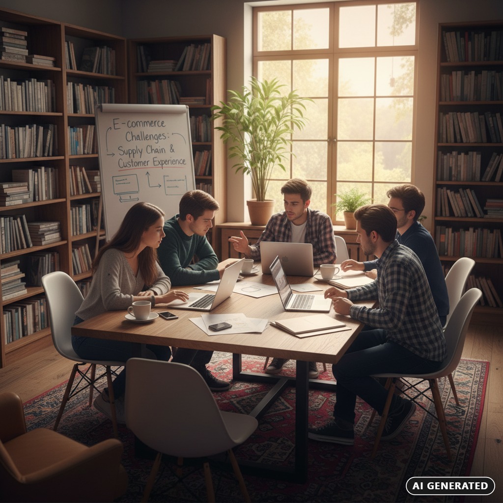 AI Generated: A diverse group of professionals collaborates around a wooden table in a library-like office with a whiteboard displaying e-commerce challenges.